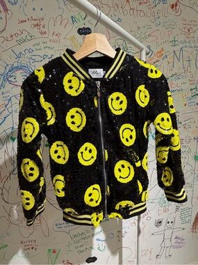 Lola + The Boys Black Sequin Bomber Jacket with Yellow Smiley Faces